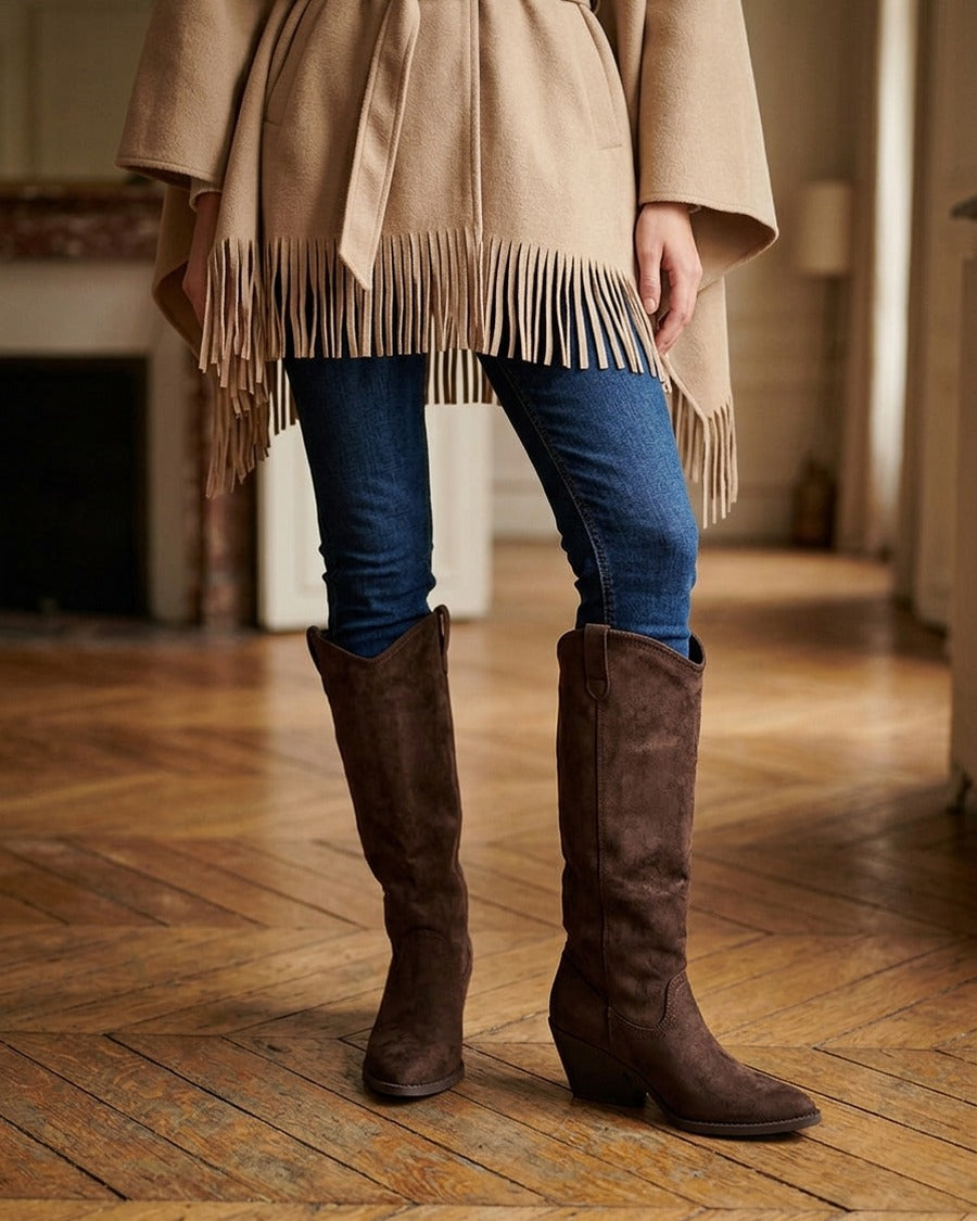 Bottes en suédine style santiag - Marron
