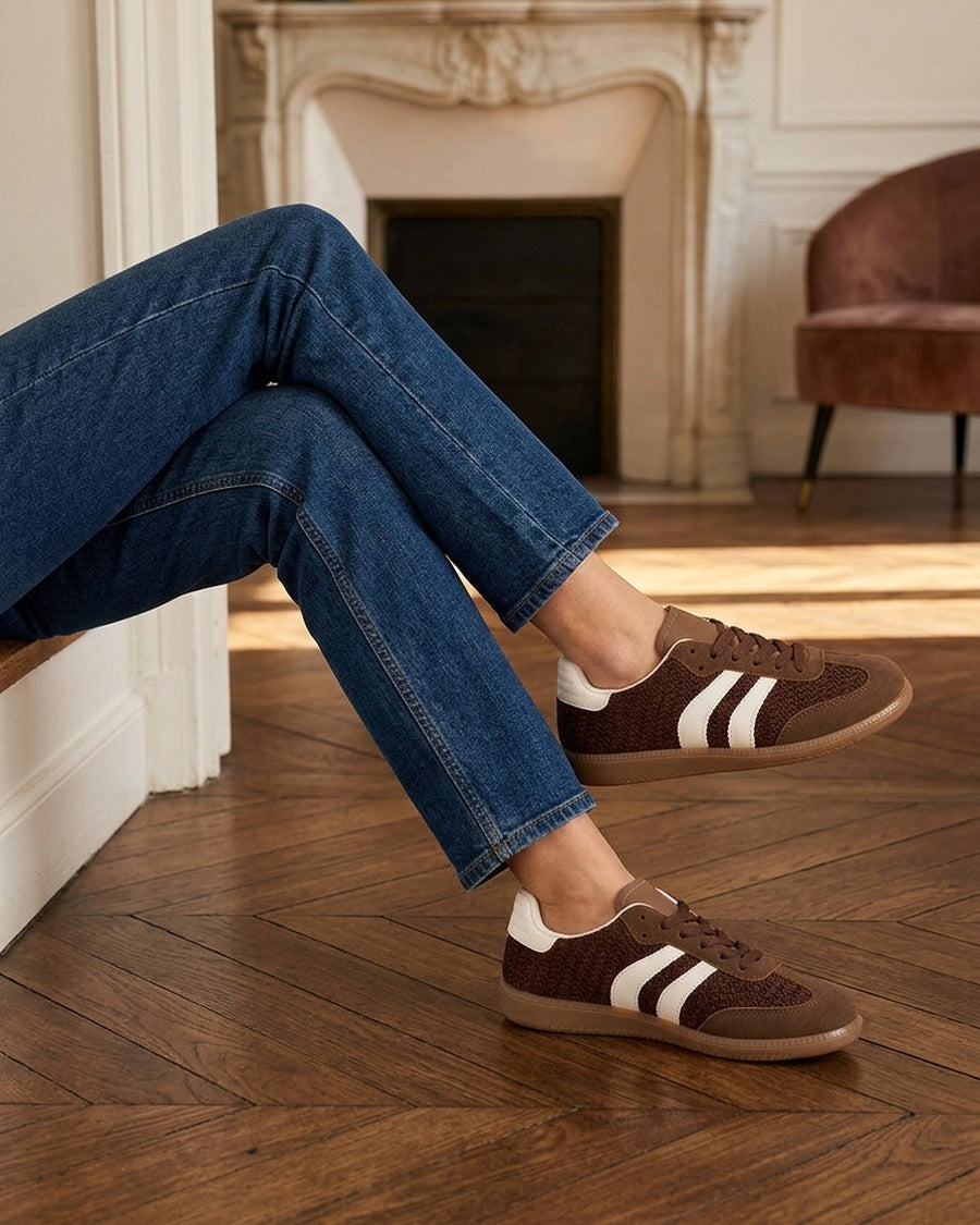 Sneakers en maille et bandes contrastantes - Marron