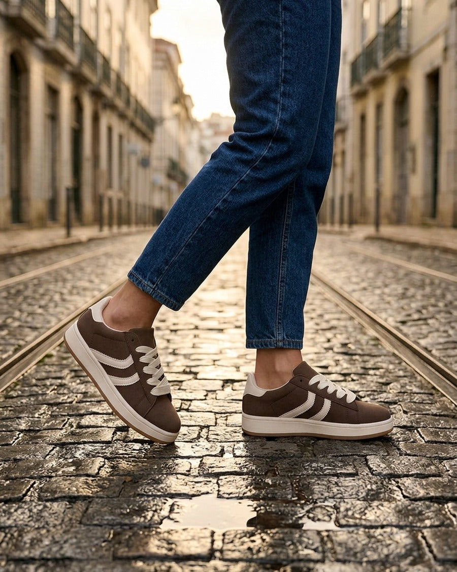 Baskets effet nubuck à bandes dentelées - Marron