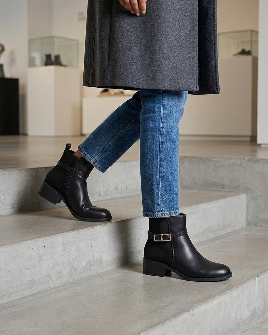 Bottines élastiquées bimatière à boucle métal - Noir