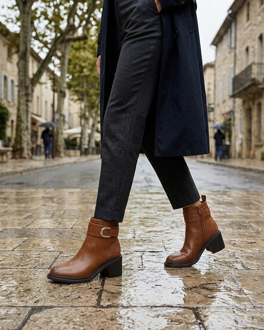 Bottines bimatière à talon bloc - Camel