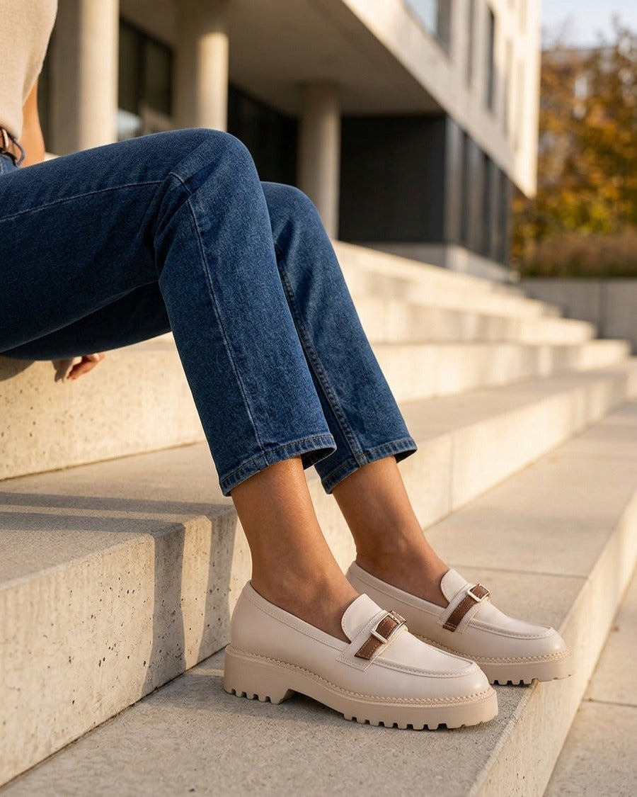 Mocassins à semelle crantée et boucle métallique - Beige