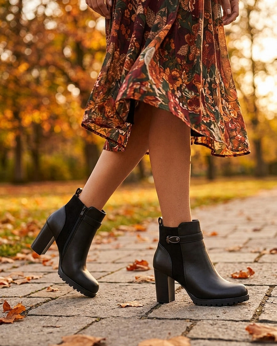 Bottines à empiècement en suédine et talon haut - Noir