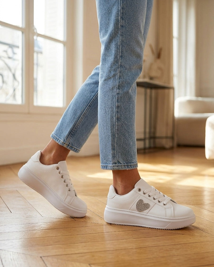 Sneakers à empiècement coeur strassé - Blanc