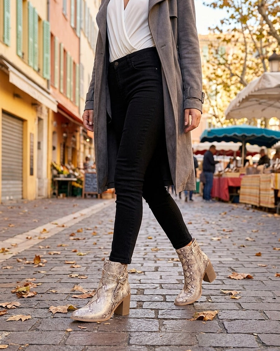 Bottines imprimé python à bouts pointus - Taupe
