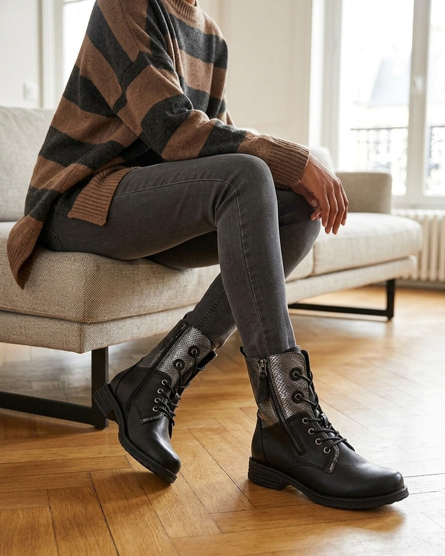 Bottines lacées à cheville effet python irisé - Noir