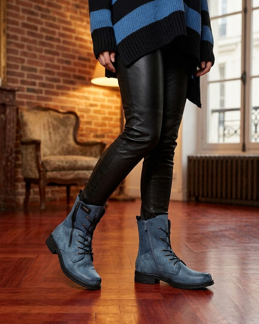 Bottines lacées à zip et empiècement python - Bleu