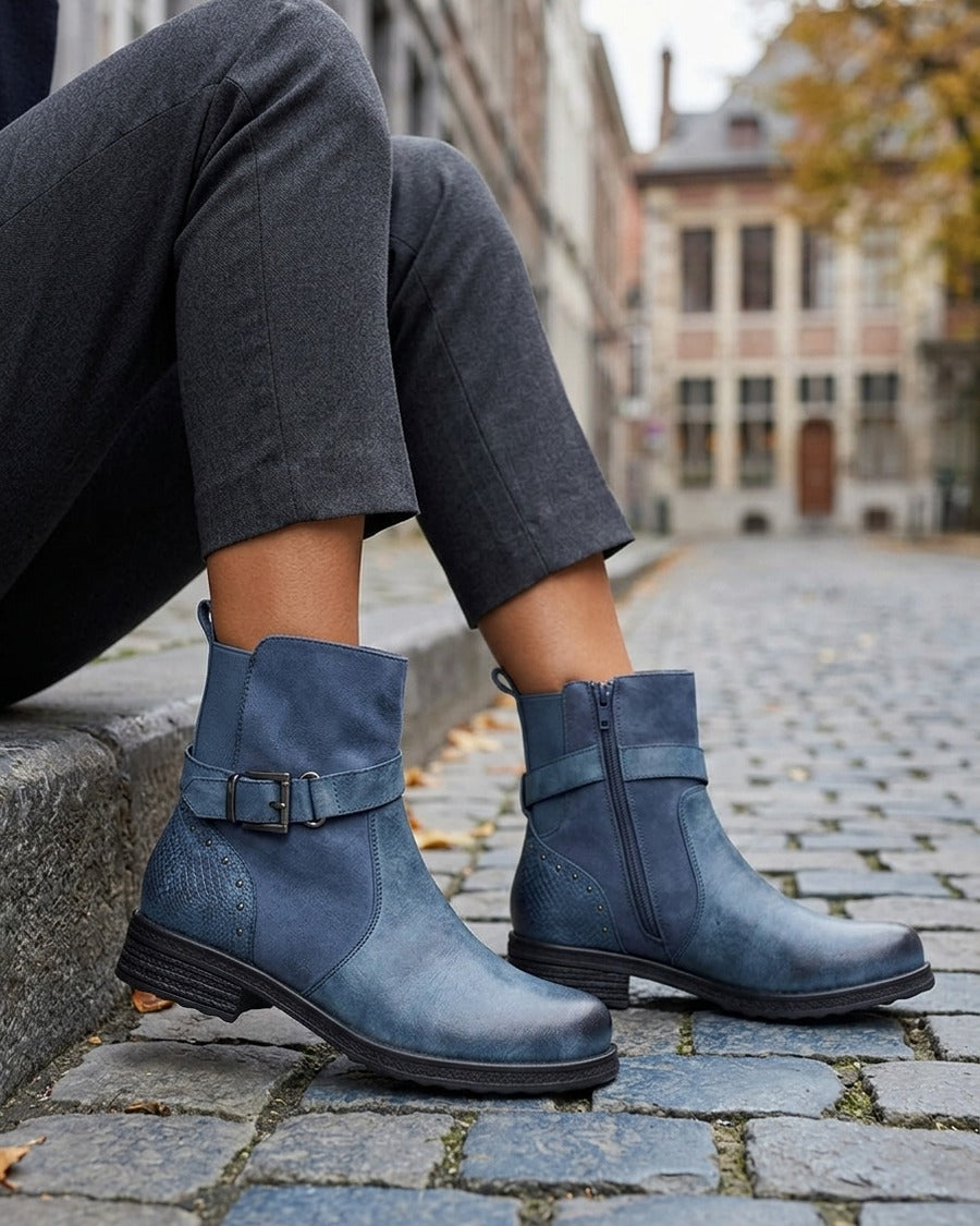 Bottines à sangle décorative et empiècement python - Bleu