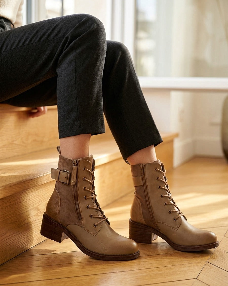 Bottines lacées à boucle et contrefort python - Taupe