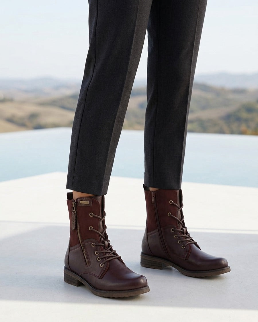 Bottines bimatière à lacets - Lie de vin