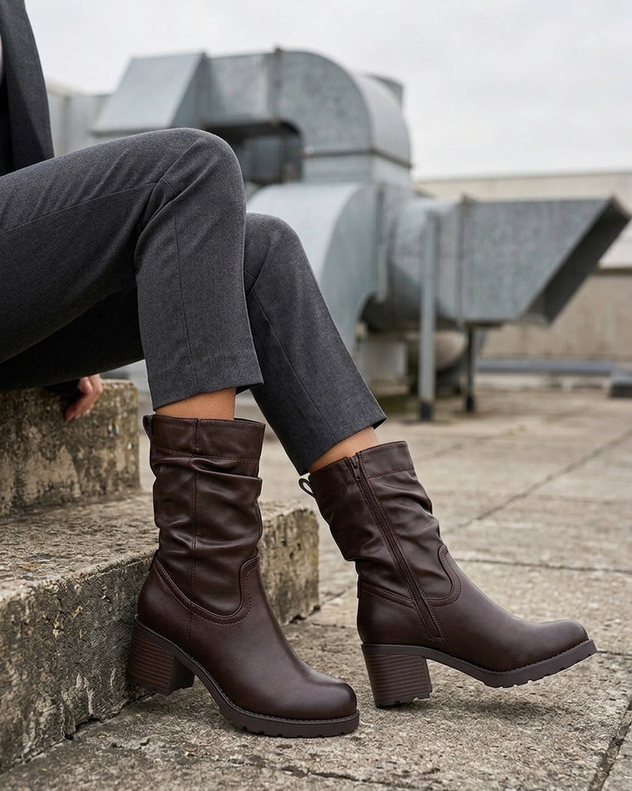 Bottines montantes effet froncé en simili - Marron