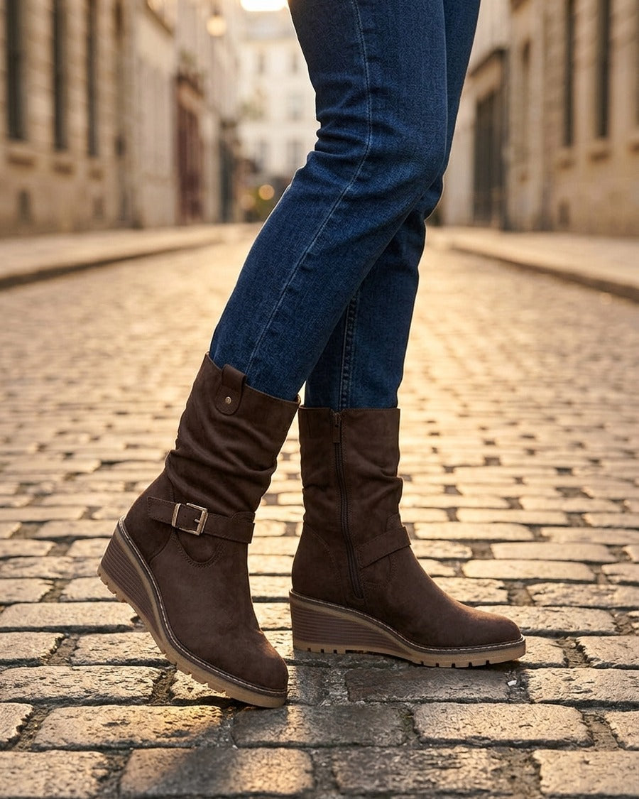 Bottines montantes compensées effet froncé - Marron