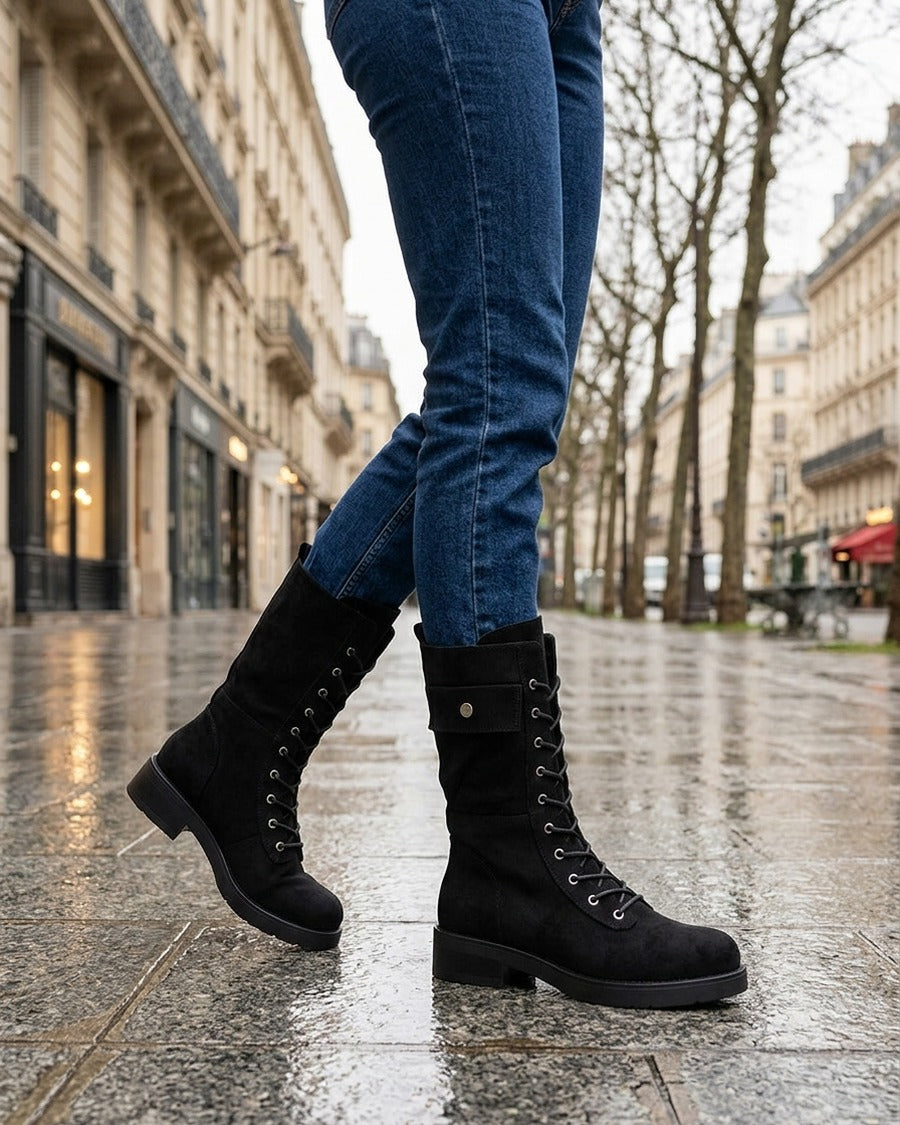 Bottines montantes à lacets et poches décoratives - Noir