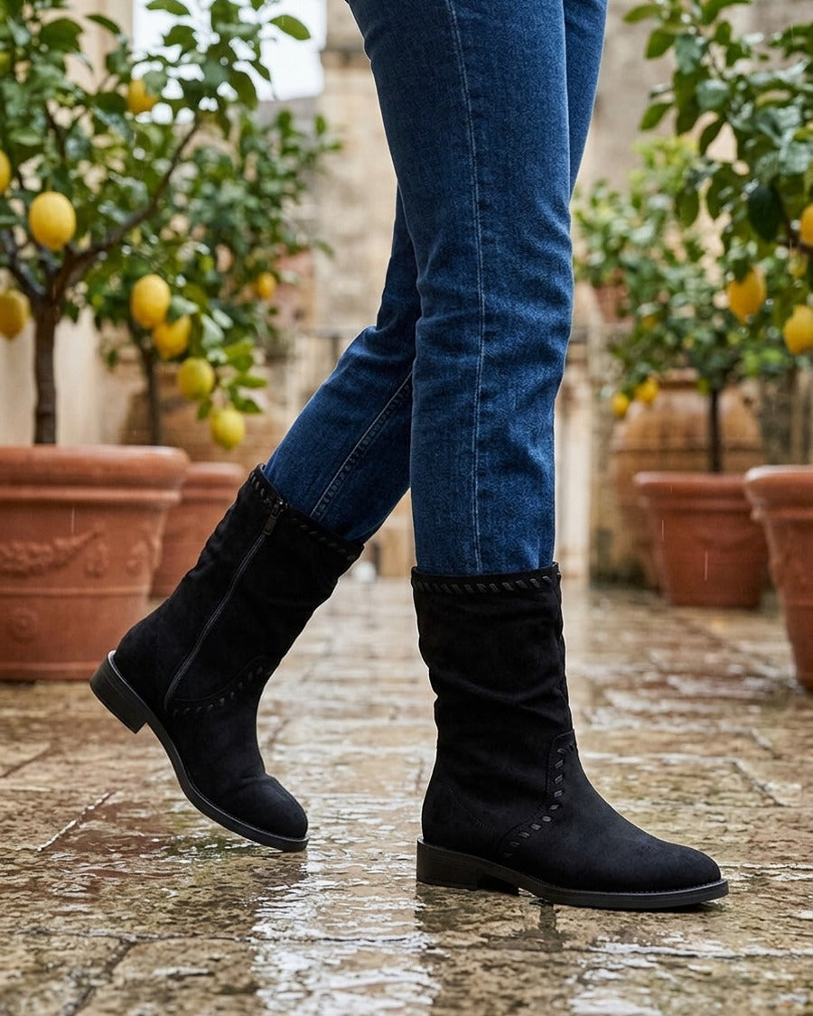 Bottines en suédine à coutures apparentes - Noir