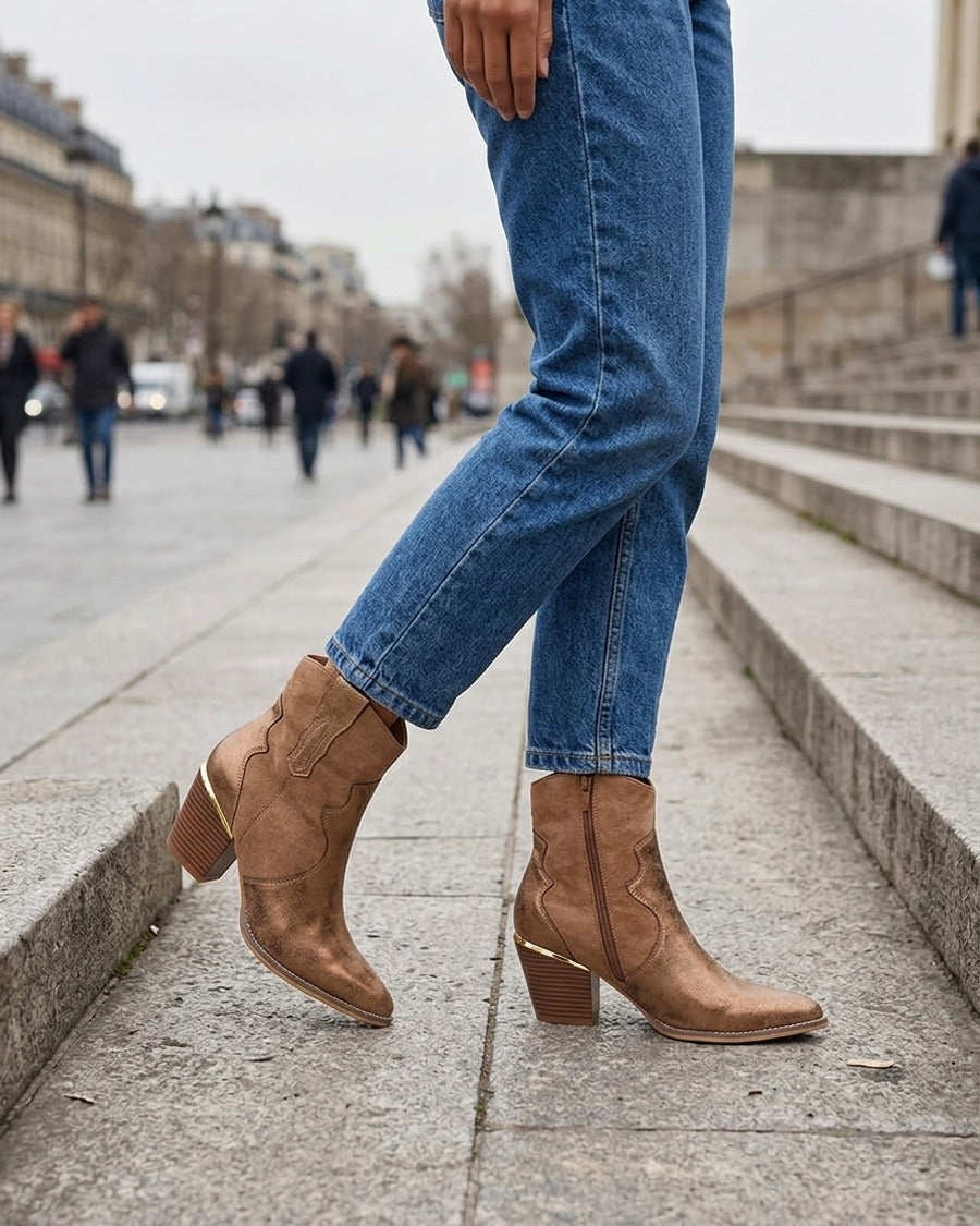 Bottines nacrées style santiag - Camel