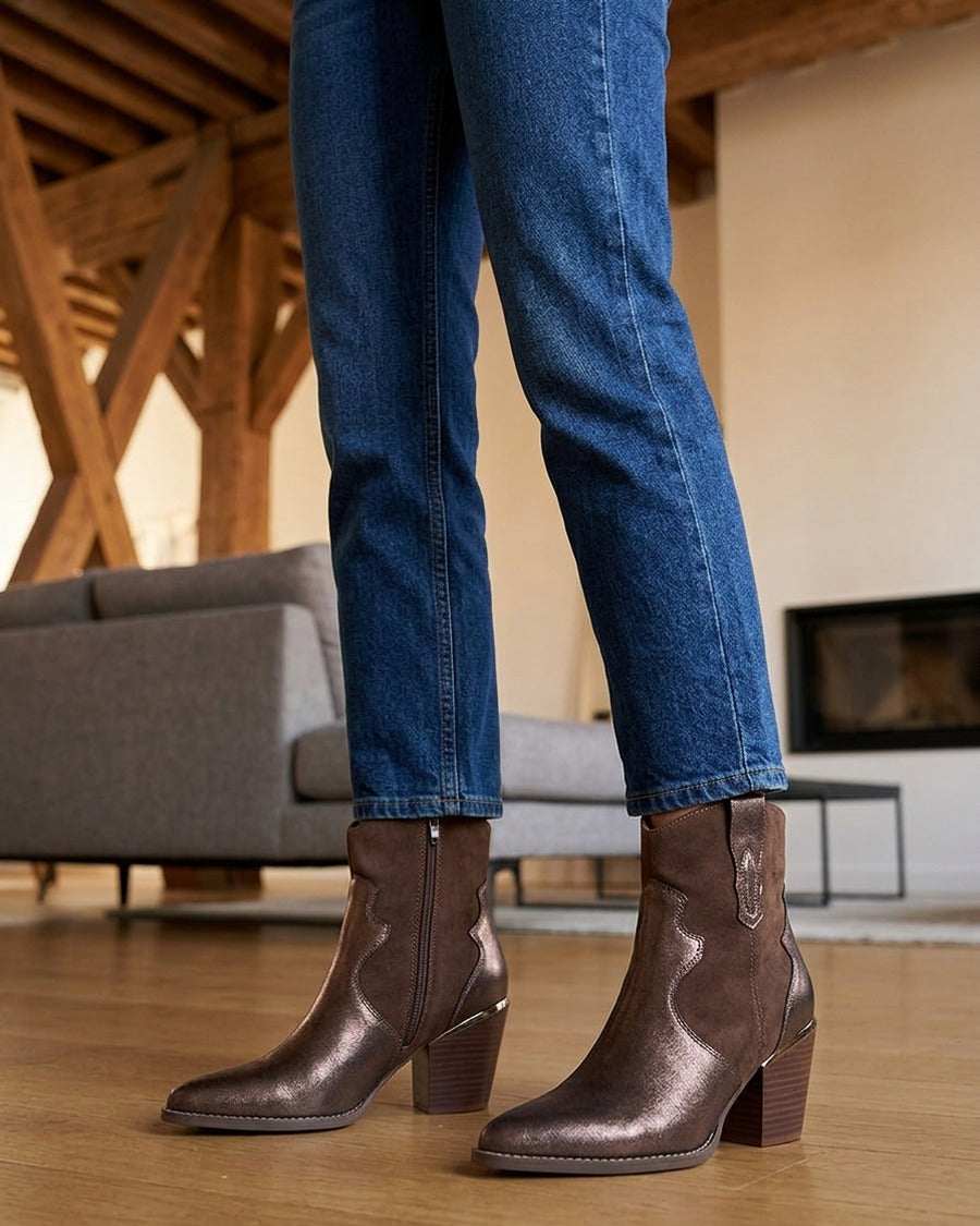 Bottines nacrées style santiag - Marron