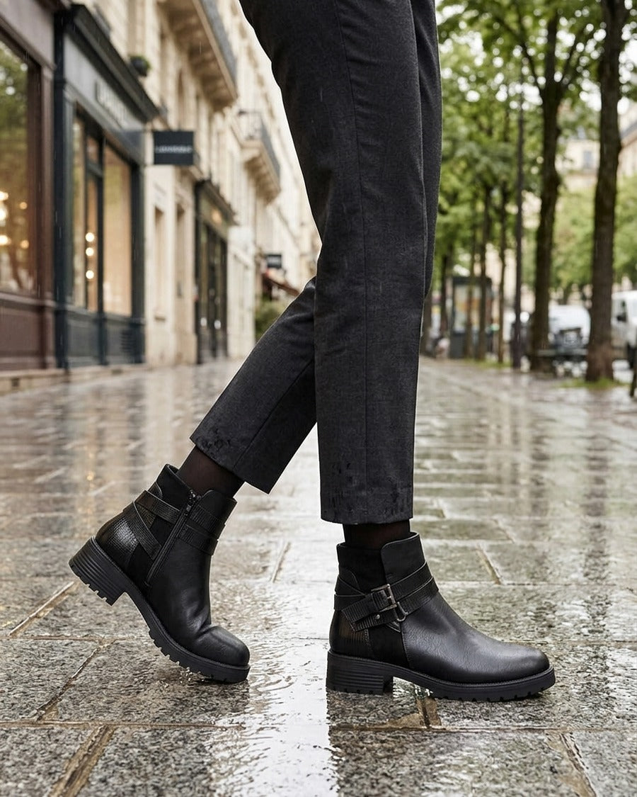 Bottines à sangles et contrefort python - Noir