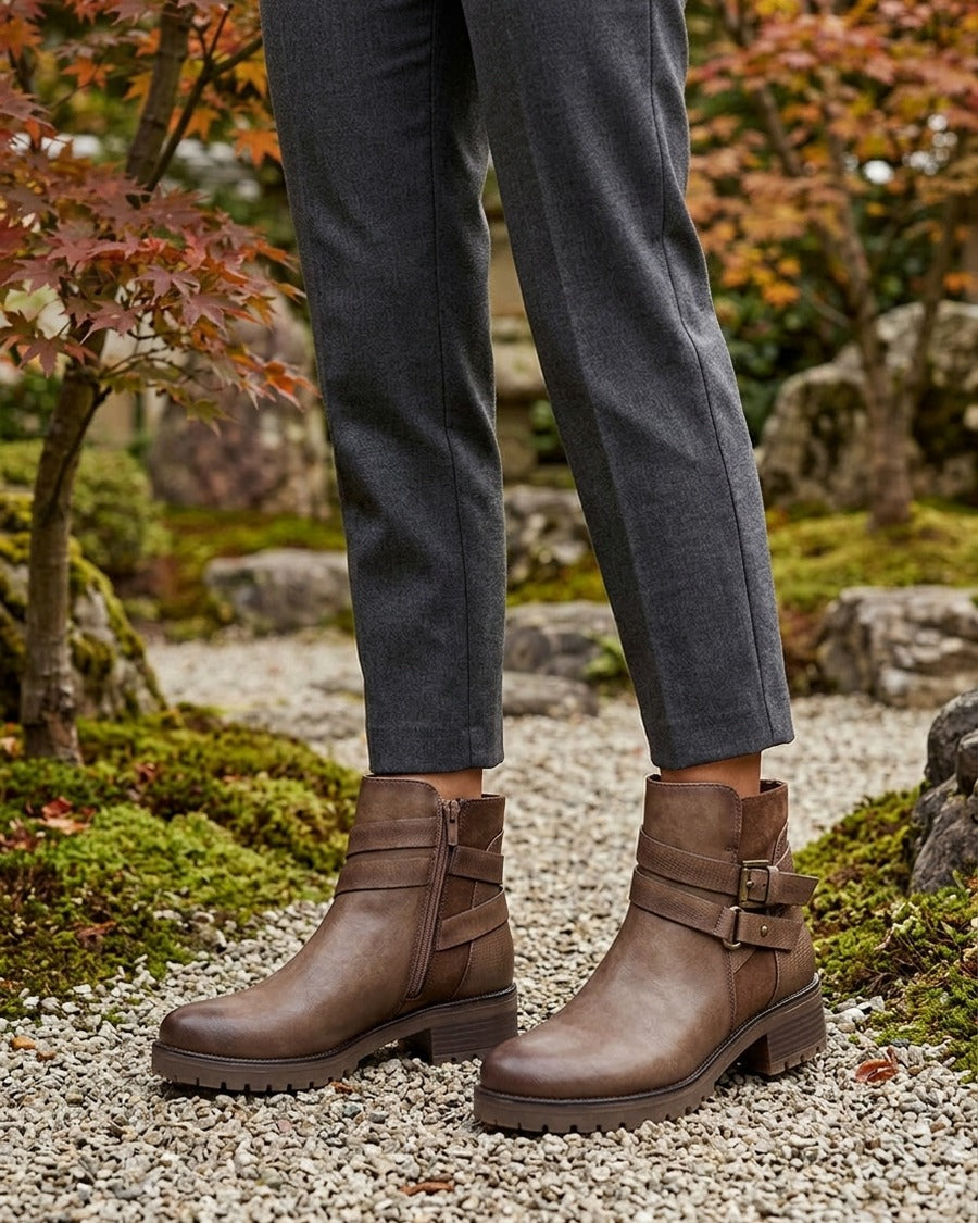 Bottines à sangles et contrefort python - Taupe