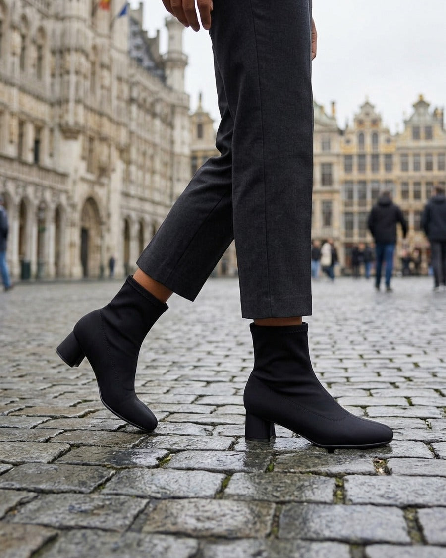 Bottines en tissu effet satiné style chaussette - Noir
