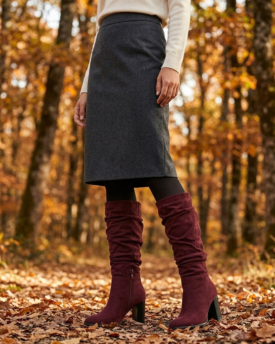 Bottes plissées en suédine - Bordeaux