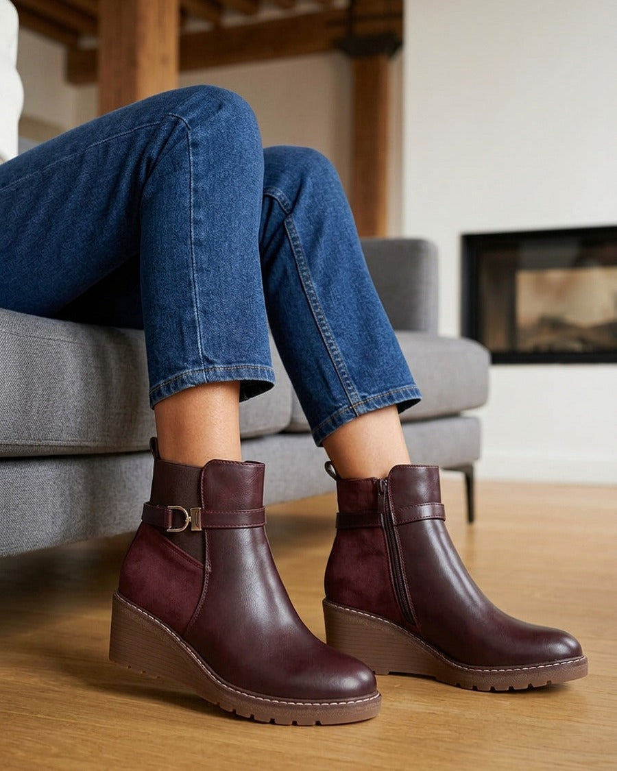 Bottines bi-matière compensées - Bordeaux