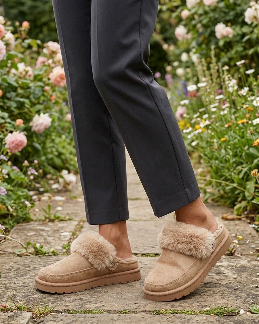 Mules plates fourrées - Beige foncé