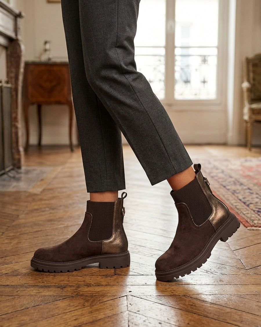 Bottines chelsea suédine contrefort irisé - Chocolat