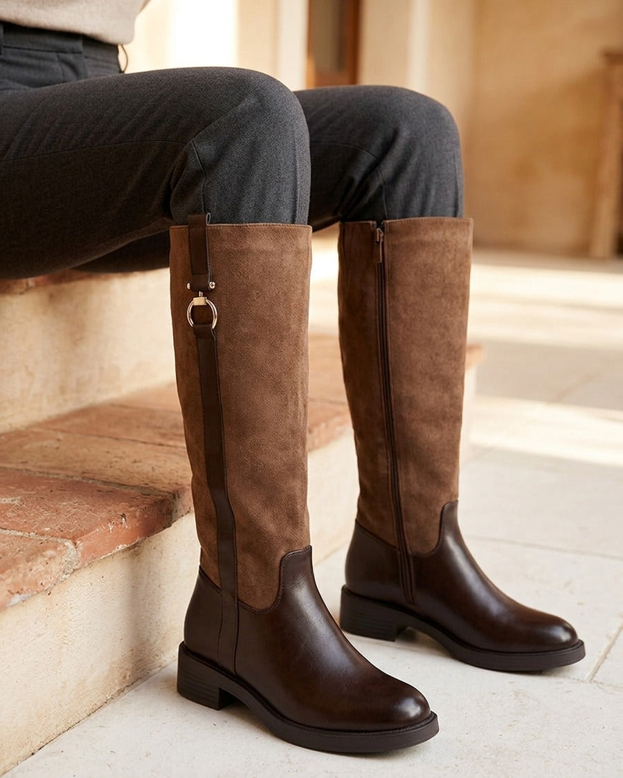Bottes cavalières bi-matière à boucle - Marron
