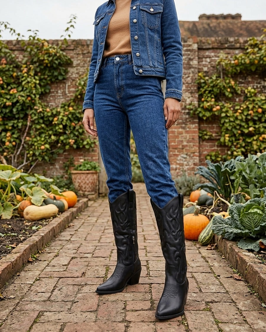 Bottes en simili style santiag avec coutures en relief - Noir