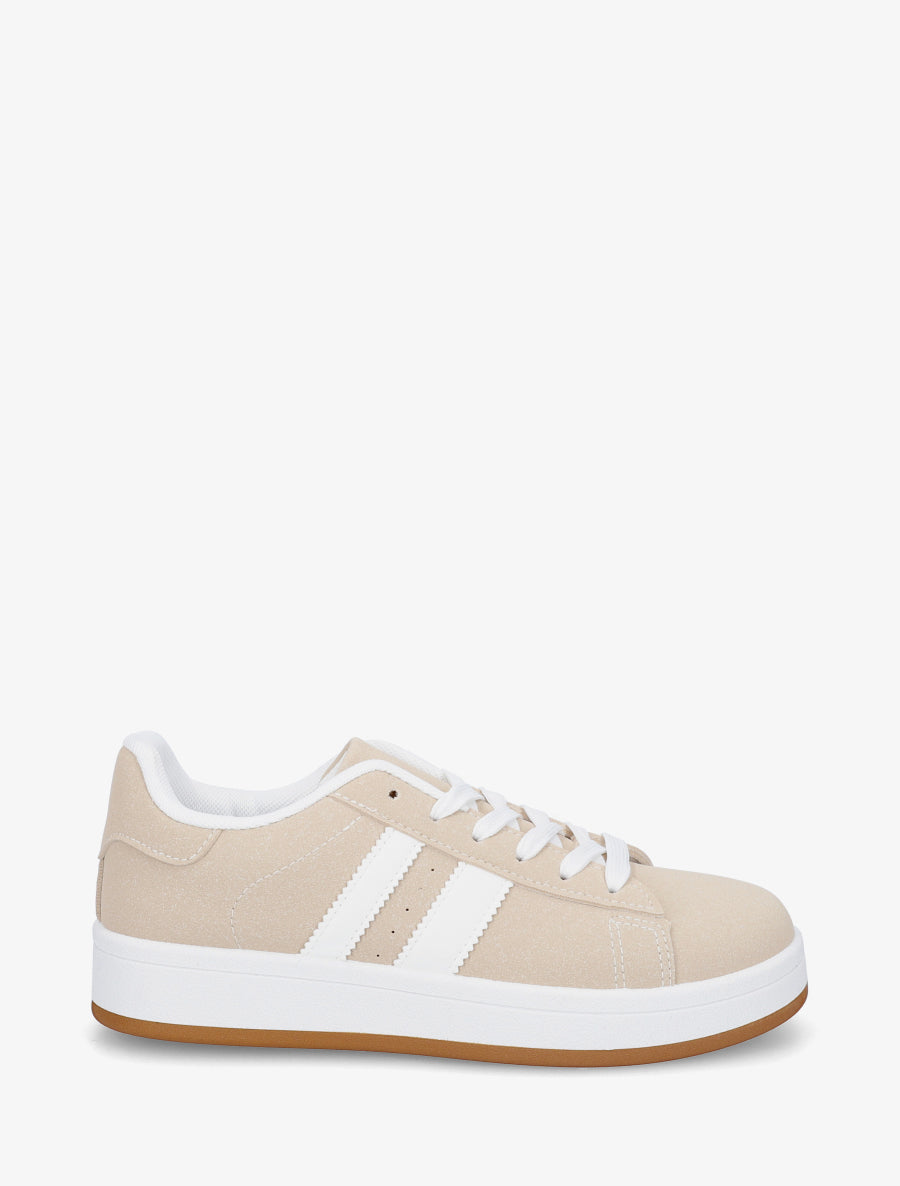Sneakers effet nubuck à bandes contrastantes - Beige - 1