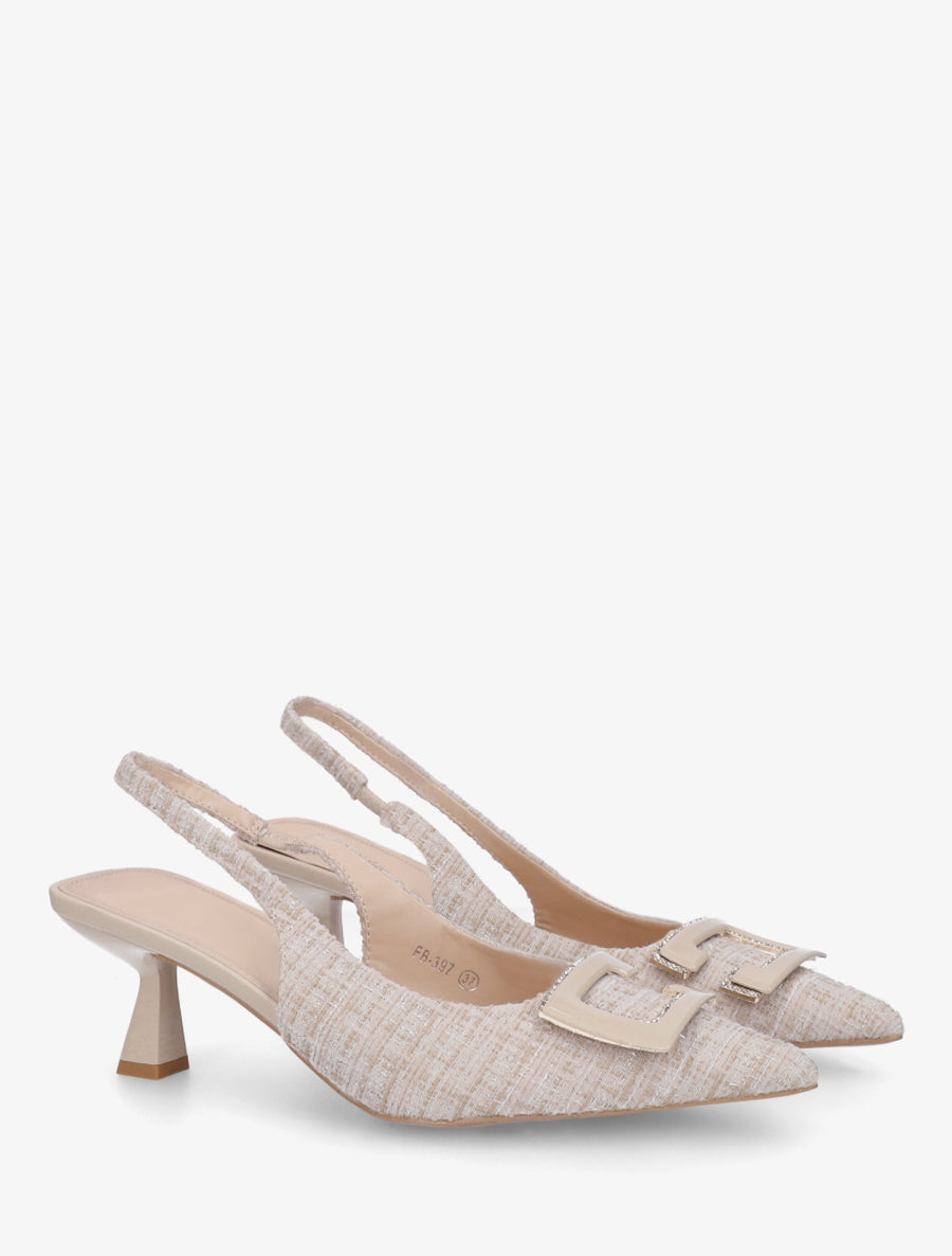 Escarpins en tweed à boucle strassée - Beige - 4