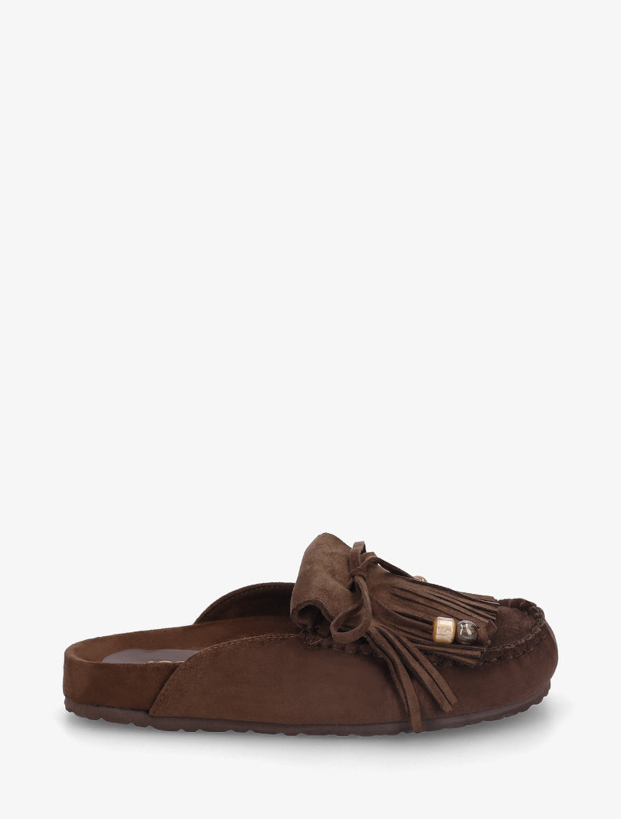 Mules frangées en suédine - Marron - 1