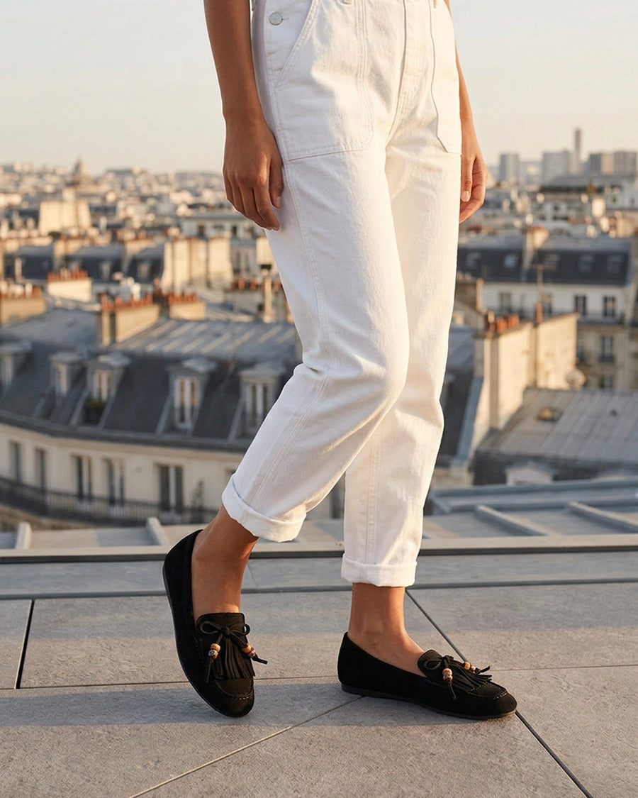 Mocassins en suédine à franges et perles - Noir