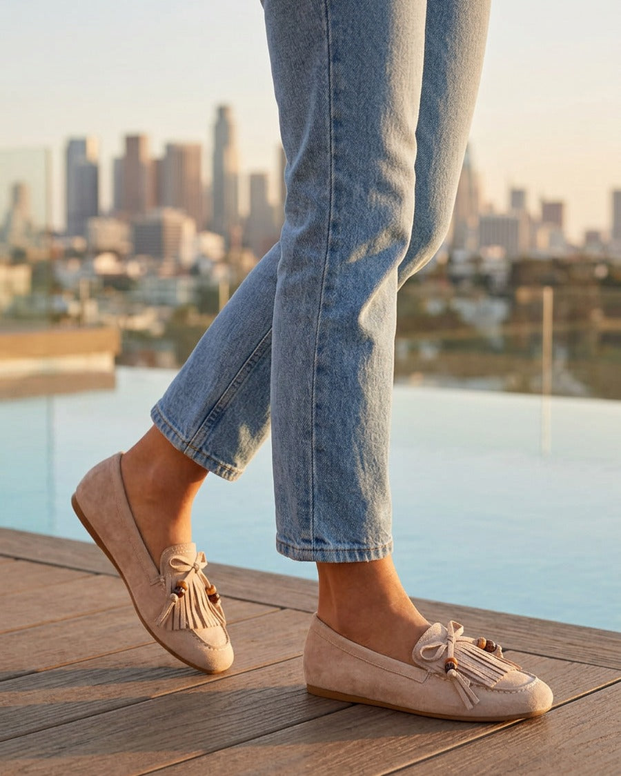 Mocassins en suédine à franges et perles - Beige