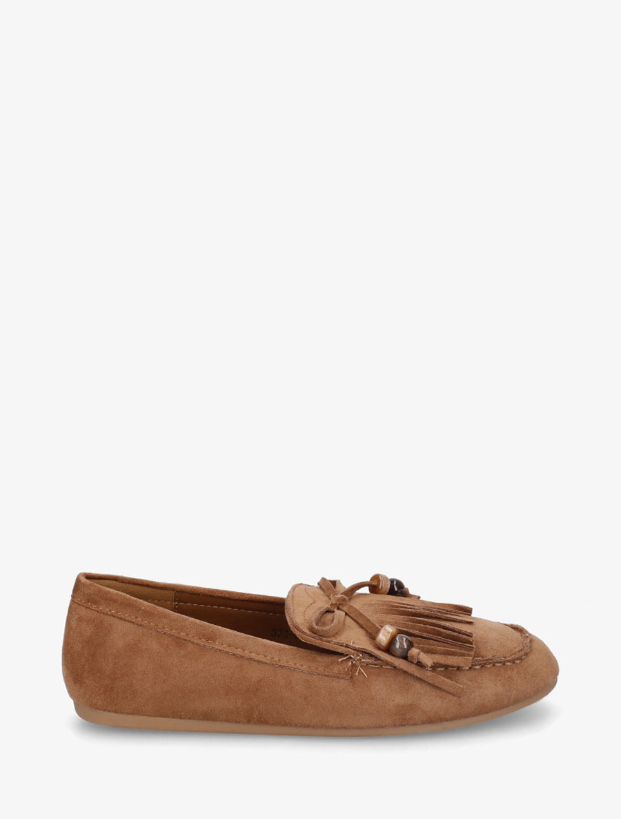 Mocassins en suédine à franges et perles - Camel - 1