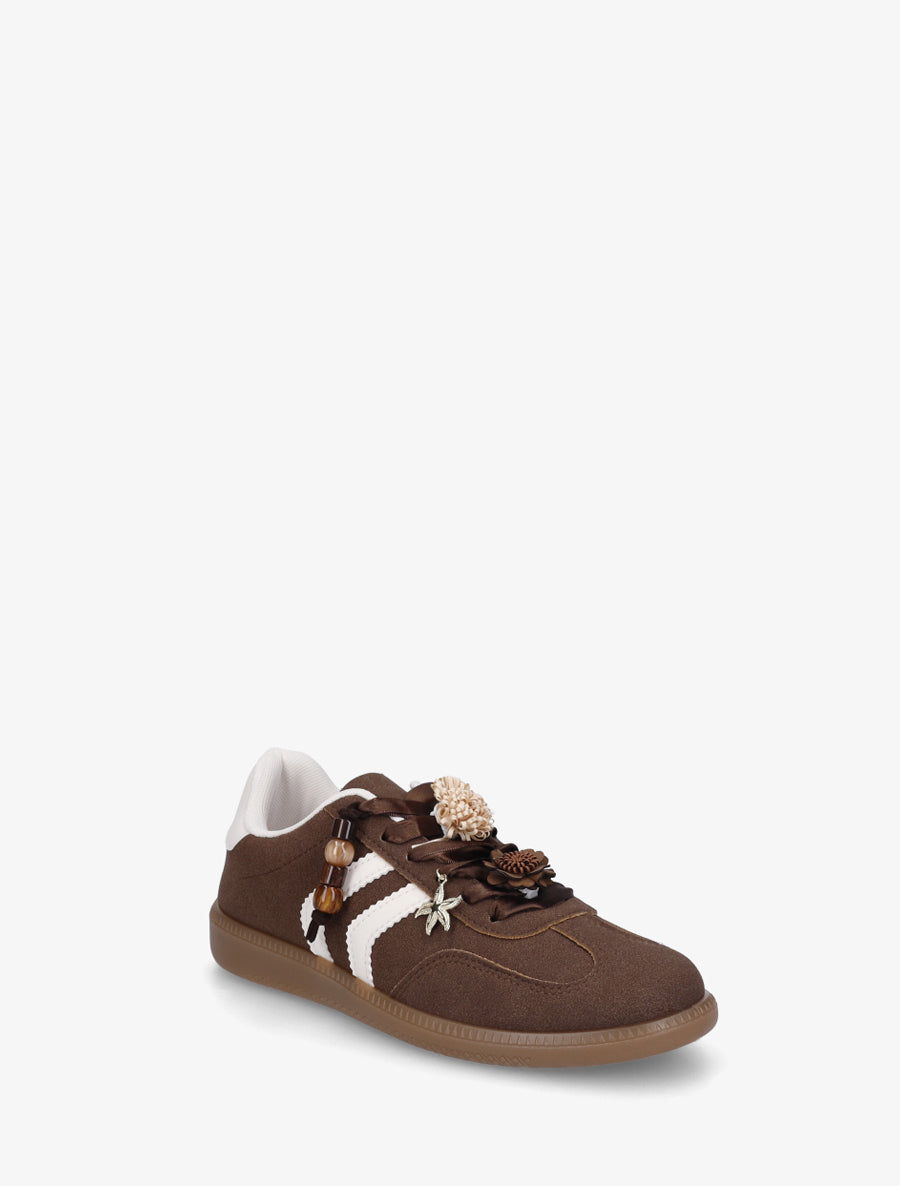 Sneakers à empiècement fleurs et perles en bois - Marron - 2