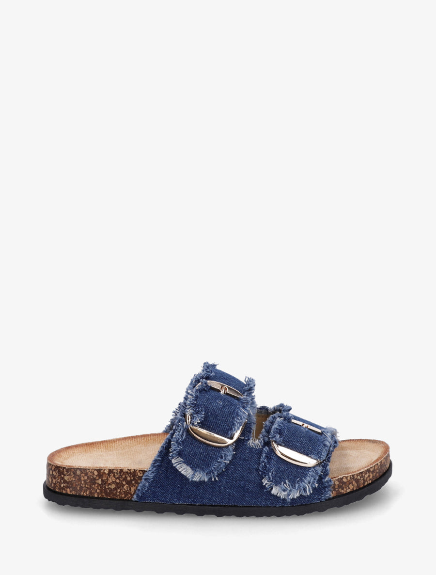 Claquettes effet denim à semelle effet liège - Bleu denim - 1