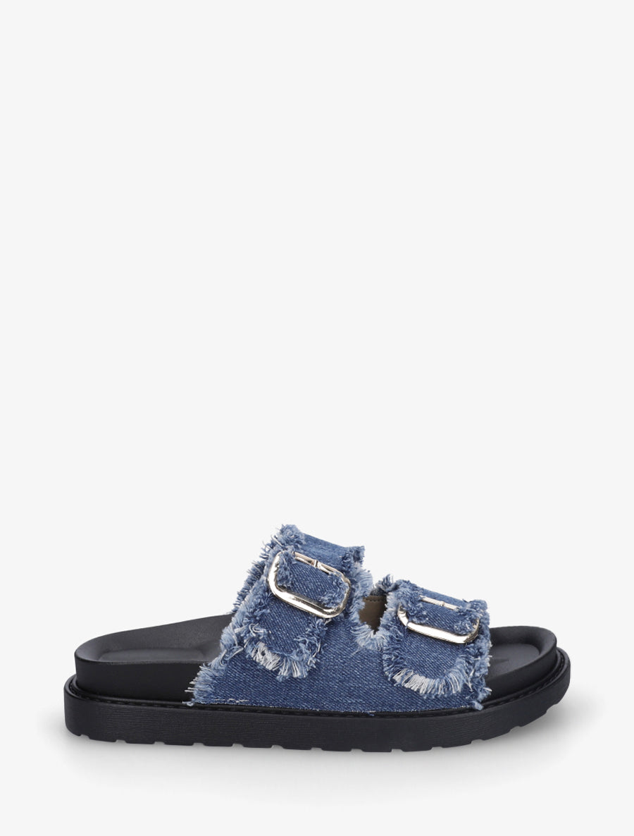 Claquettes en tissu à double boucles - Bleu denim - 1