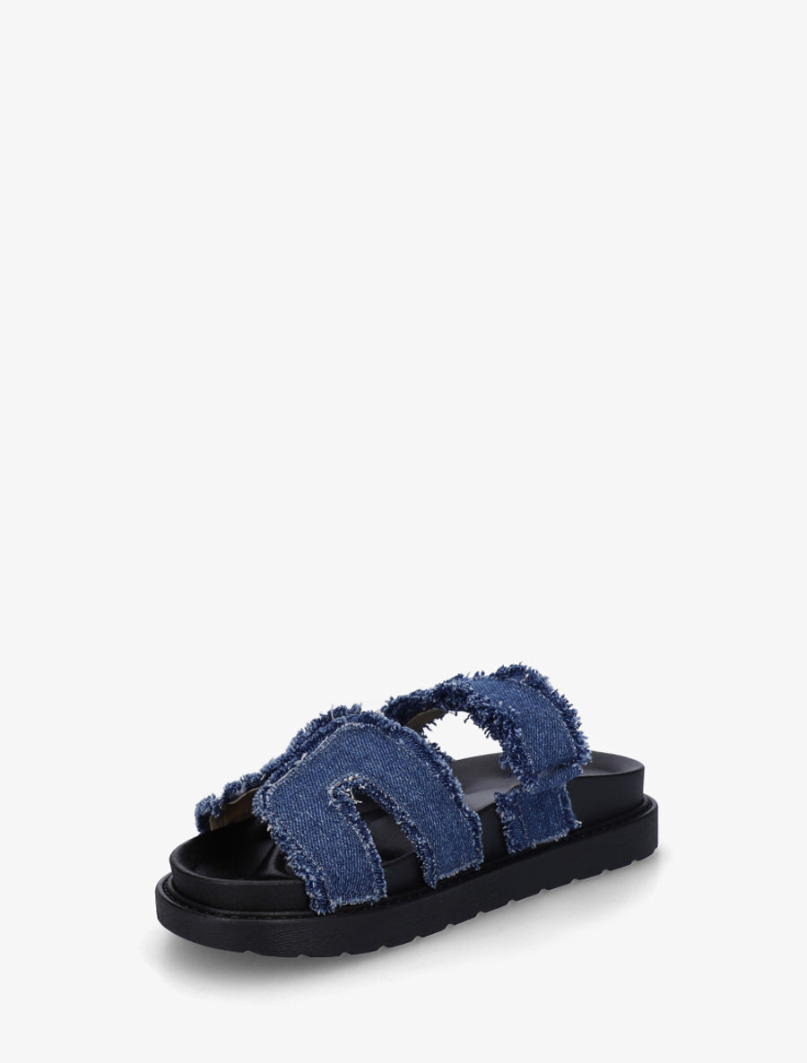 Claquettes à scratch et bords éffilochés - Bleu denim - 3