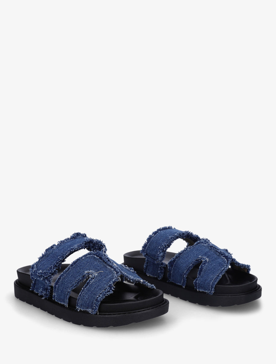 Claquettes à scratch et bords éffilochés - Bleu denim - 4