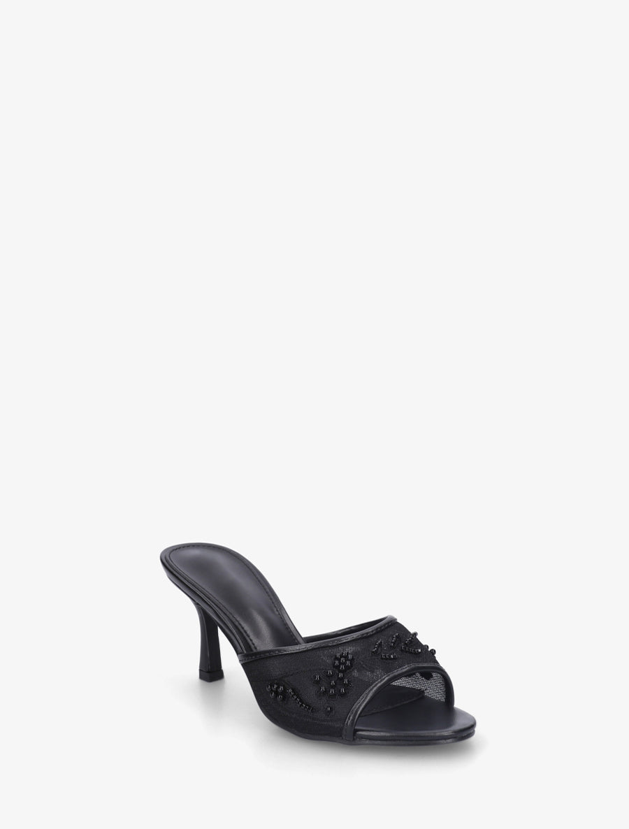 Mules en tissu brodées et perles - Noir - 2