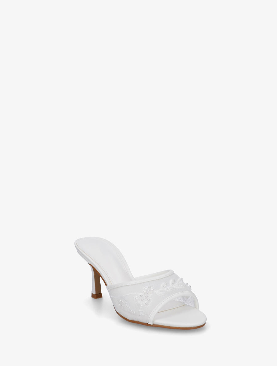Mules en tissu brodées et perles - Blanc - 2