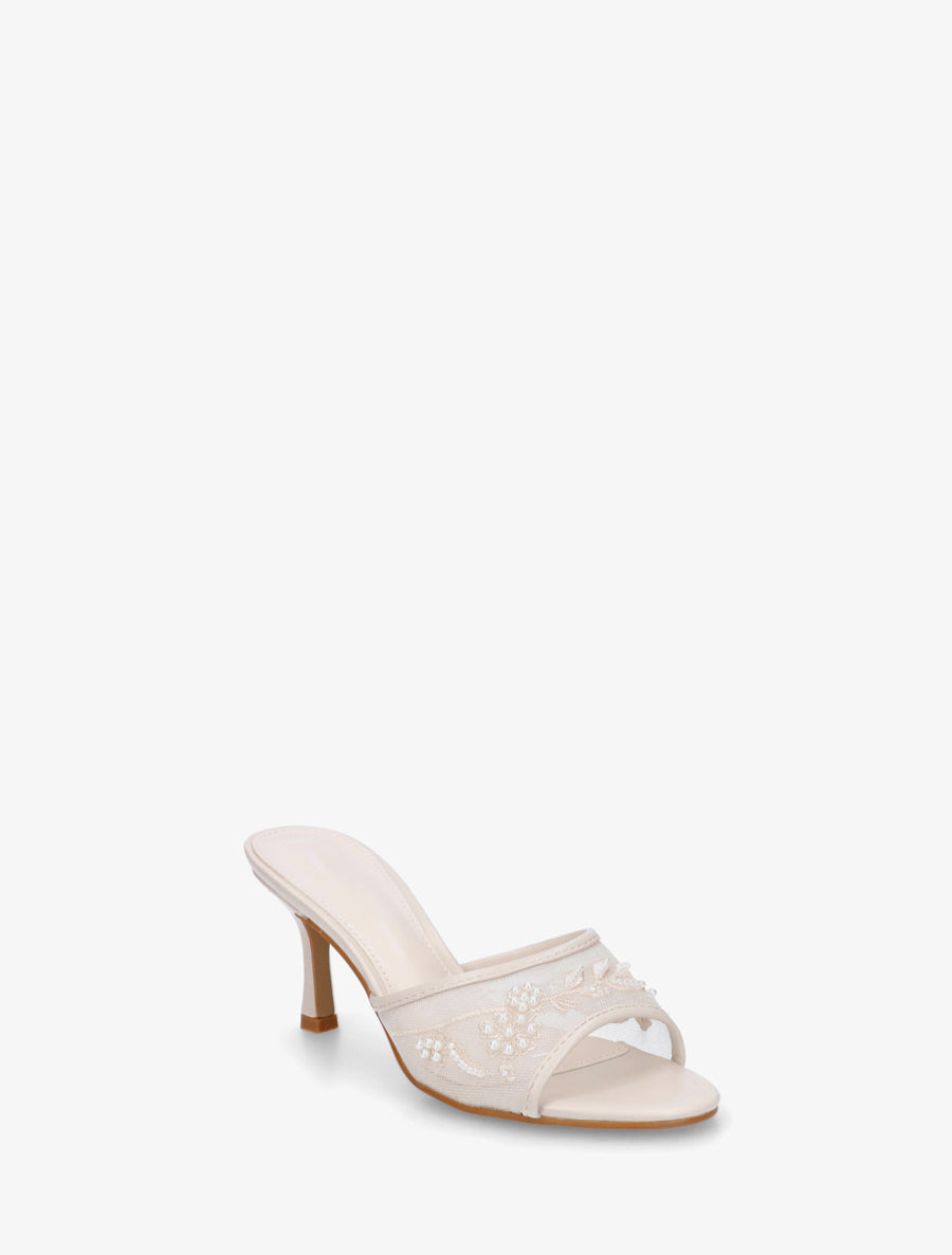 Mules en tissu brodées et perles - Beige - 2