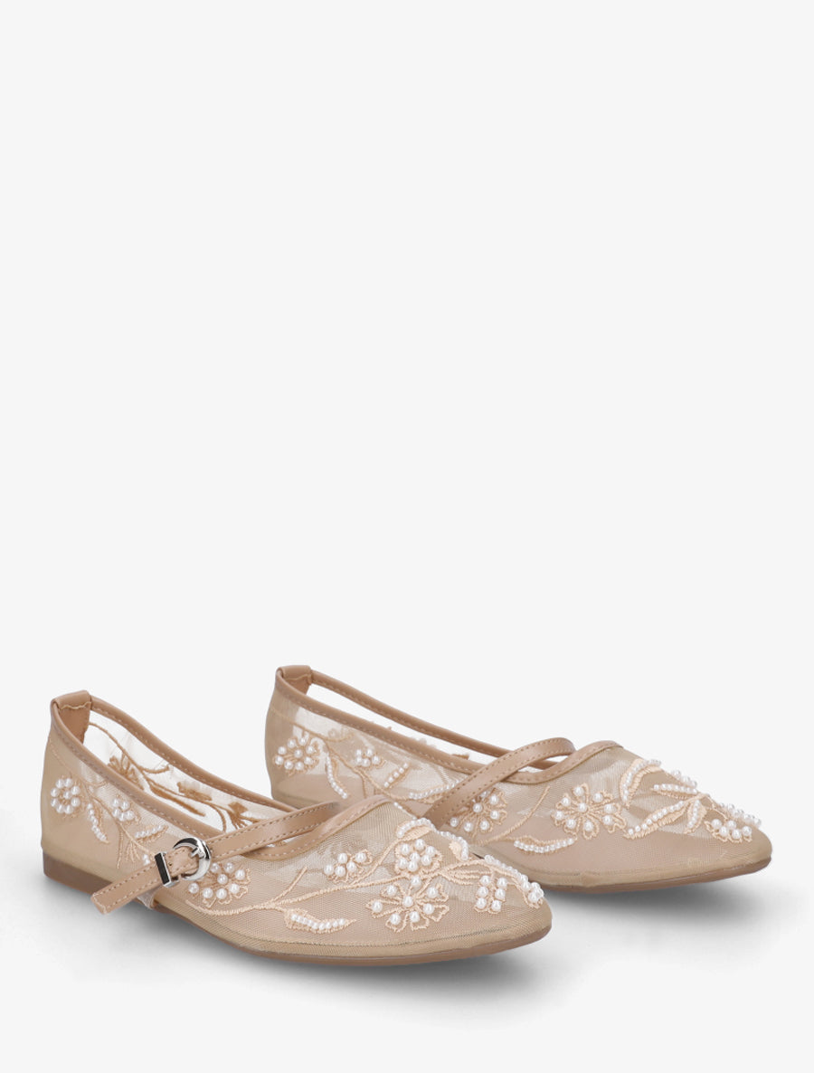 Ballerines effet mesh ornées de perles - Taupe - 4