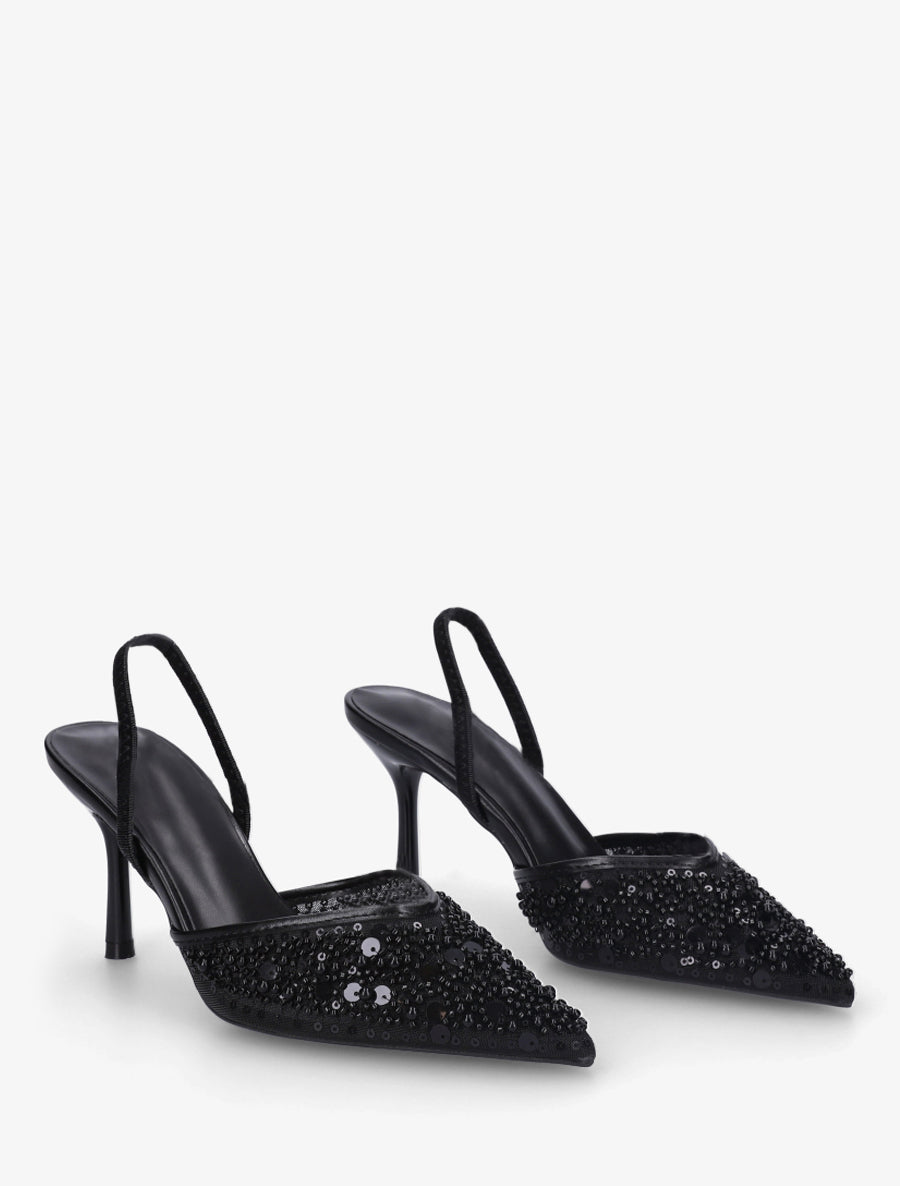 Escarpins effet mesh ornées de perles et sequins - Noir - 4