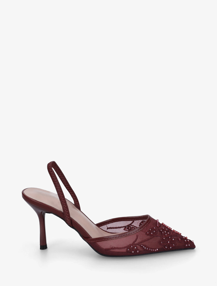 Escarpins effet mesh à broderies et perles - Bordeaux - 1