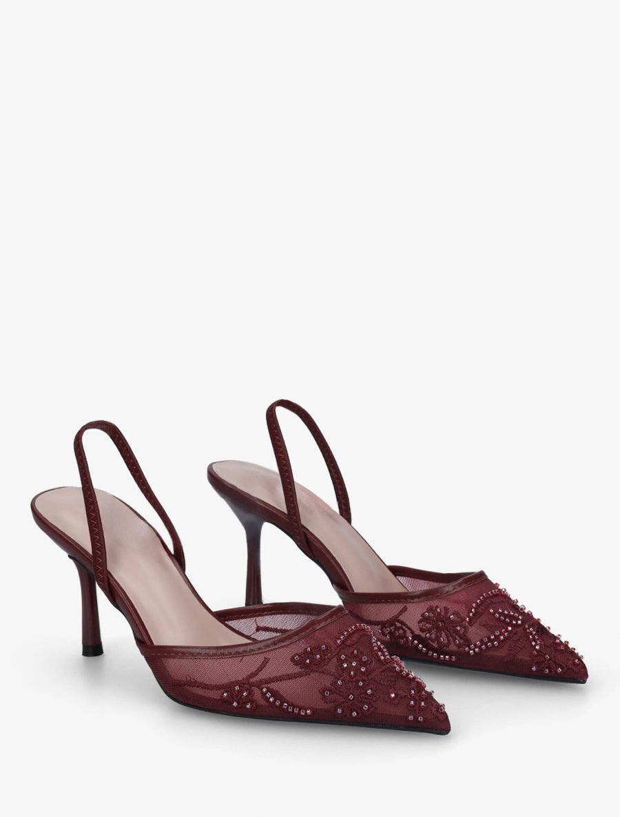 Escarpins effet mesh à broderies et perles - Bordeaux - 4
