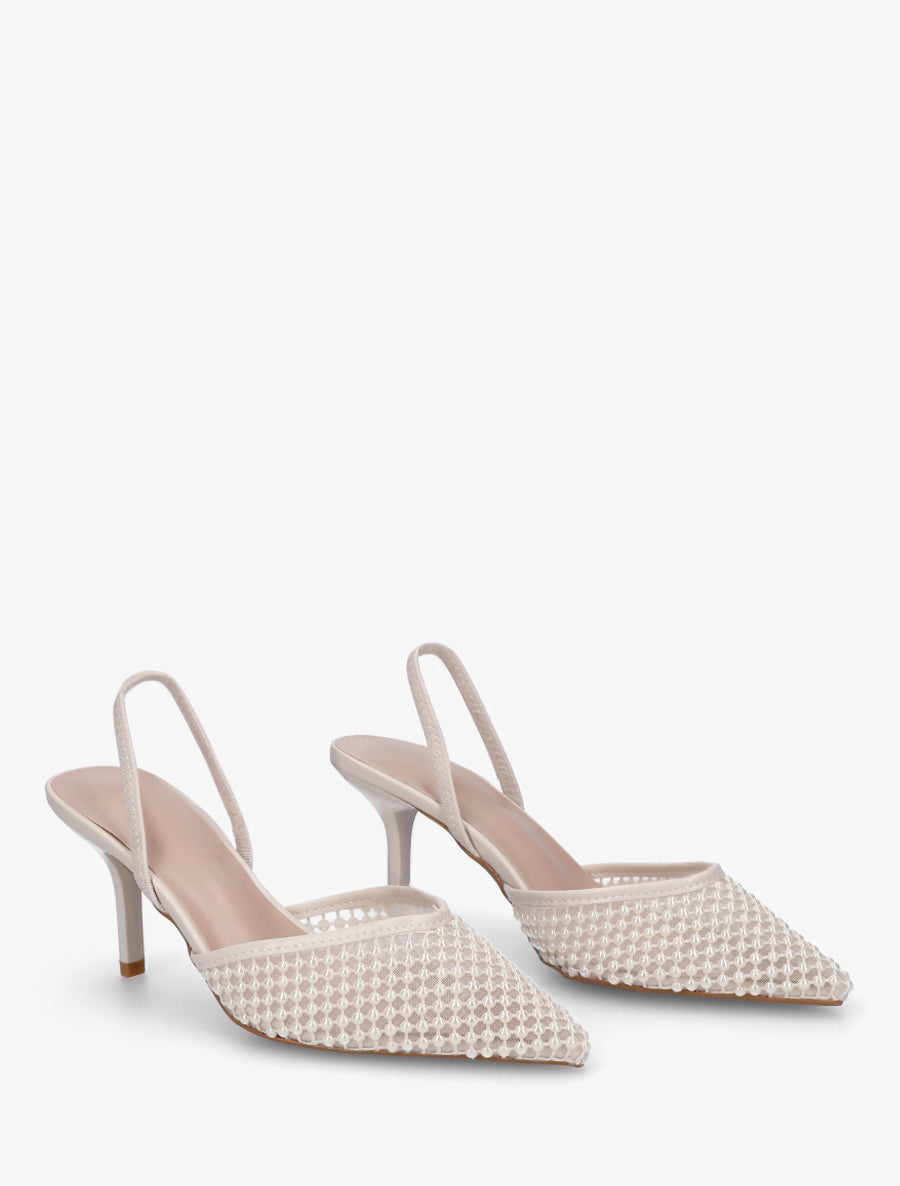 Escarpins effet mesh ornées de perles - Beige - 4
