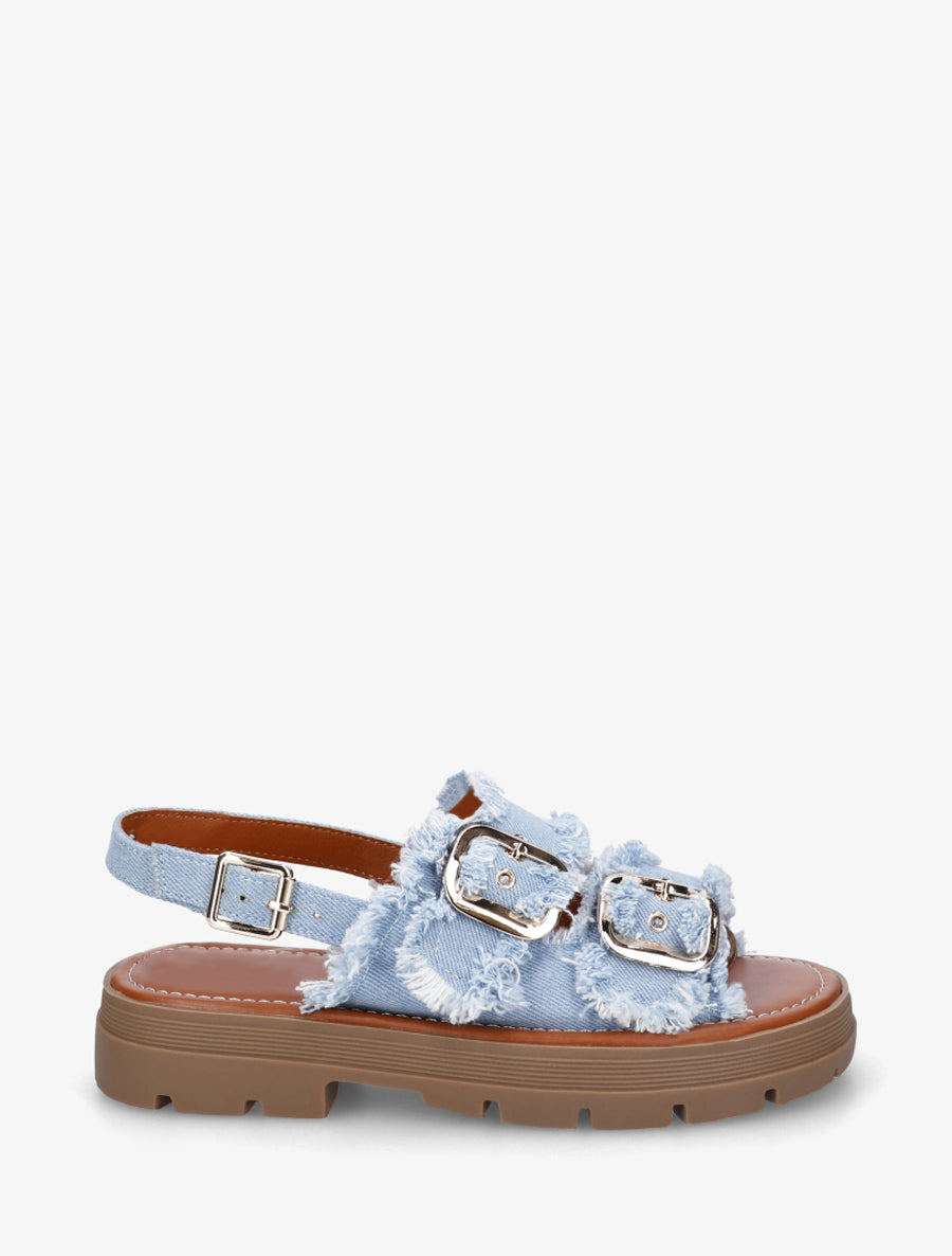 Claquettes en denim à bords effilochés - Bleu ciel - 1