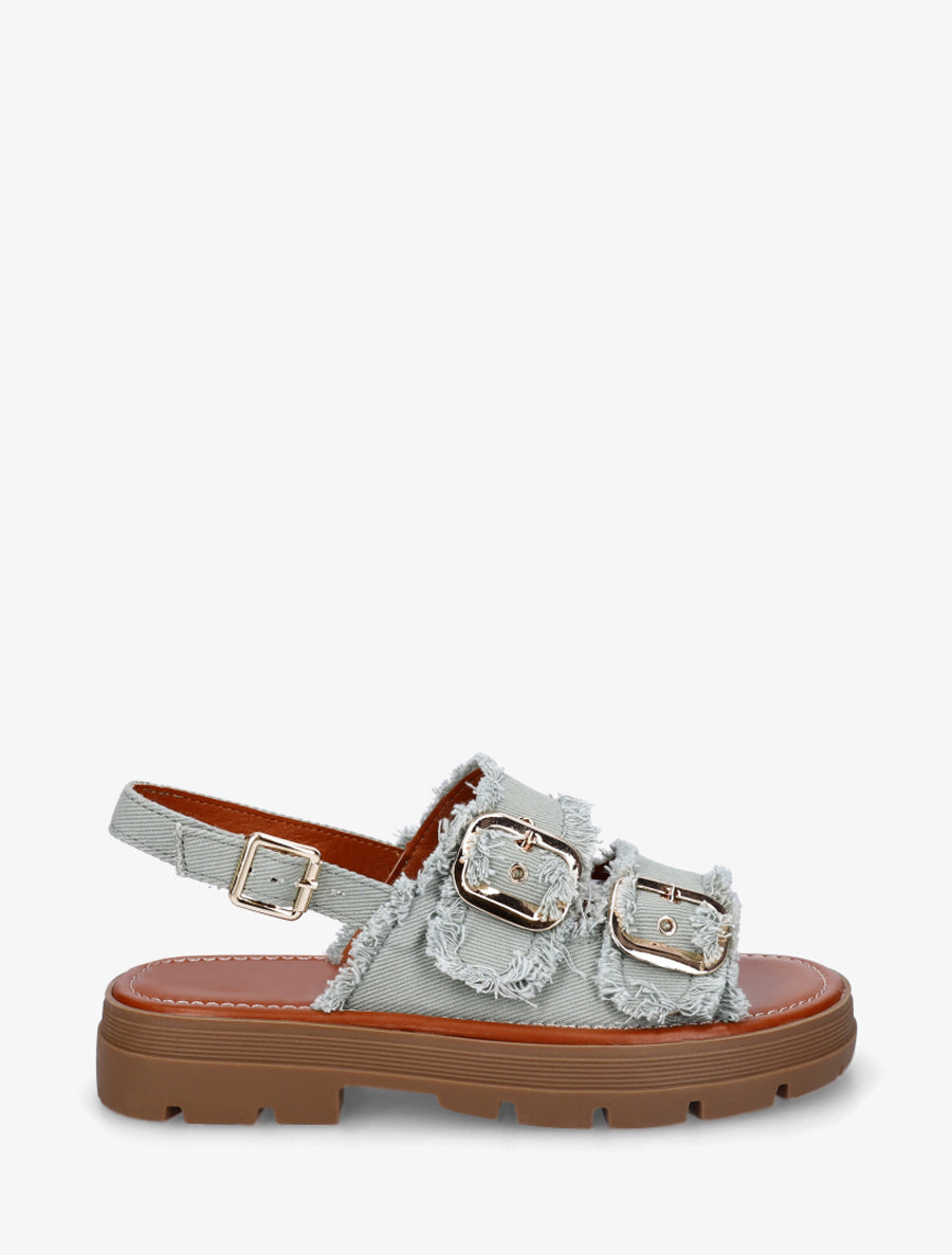Claquettes en denim à bords effilochés - Vert amande - 1